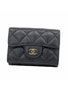 Chanel Trifold Wallet Quilted Caviar Leather Black Gold